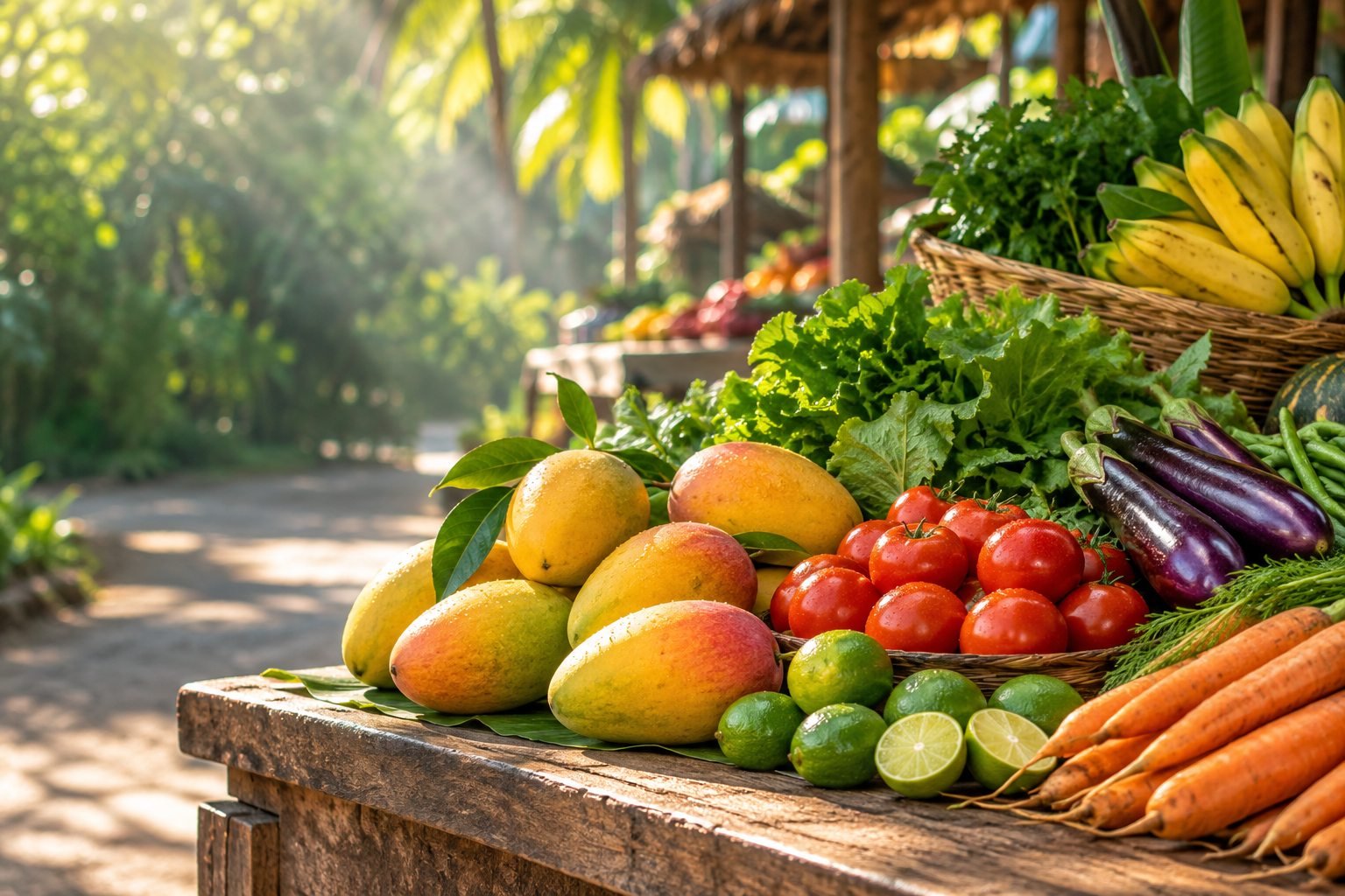 Illustrative display of tropical fruit and vegetables at a market